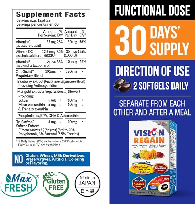 LABO Nutrition VisionREGAIN Eye Vitamin Beyond AREDS 2 Formula with Lutein Zeaxanthin Saffron Extract Blueberry for Macular and Retinal Health Eye Fatigue Night Vision Support 60 Counts