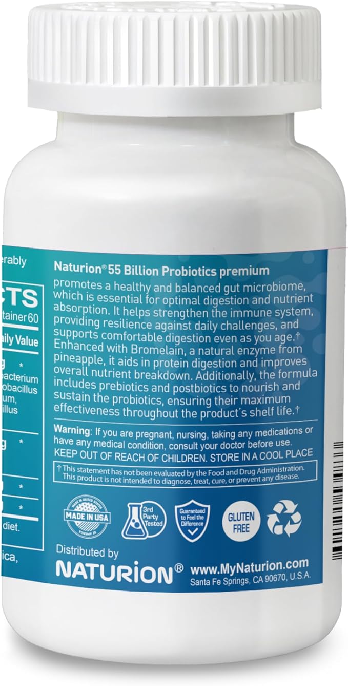 55B Probiotics Premium - 55 Billion CFU 12 Strains 185mg Prebiotic - Immune Support Digestive &amp Gut Health - Supports Occasional Constipation Gas &amp Bloating - 60 Vegan Capsules 60 Day Sup
