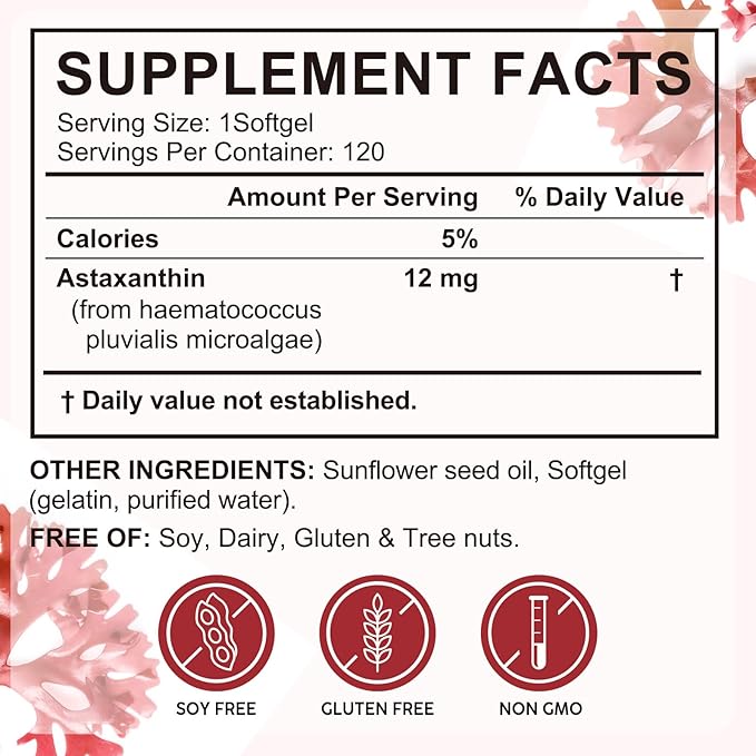 Astaxanthin 12mg 120 Softgels (2Pack)Premium Astaxanthin Antioxidant Supplements with Antioxidant Activity Supports Eye Skin Joint &amp Immune System Health Fresh Microalgae Source Non-GMO