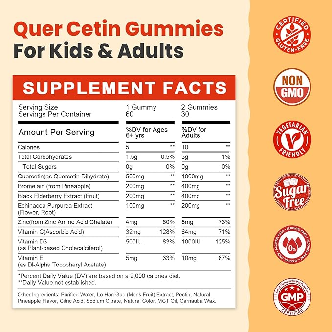 (2 Pack) Sugar Free Quercetin with Bromelain Gummies for Kids &amp Adult - Immune Antioxidant Seasonal Support 1000mg Quercetin Supplements with Bromelain Zinc Elderberry Vitamin C D3 E 120 Co