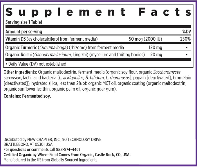 New Chapter Fermented Vitamin D3 2000 IU Organic ONE Daily for Immune Heart &amp Bone Support + Whole-Food Turmeric Adaptogenic Reishi Mushroom 100% Vegetarian Gluten Free 90 Count