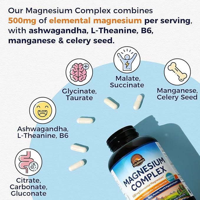 Vitalitown Magnesium Complex Supplement Magnesium Glycinate Citrate &amp Taurate L-theanine Ashwagandha Celery Seed Vitamin B6 Bone Mood Sleep Heart Health 180 Veggie Capsules