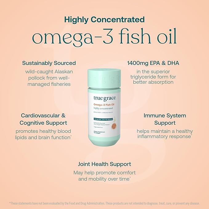 True Grace Omega-3 Fish Oil - 120 Softgels - 1400 mg EPA + DHA - Brain Heart Joint &amp Immune Health - Organic Gluten Free Soy Free