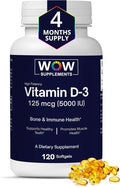 WOW Supplements Vitamin D3 5000 IU Softgels 125 mcg - Vitamin D3 5000IU Supplement for Strong Bones and Immune Support - Non-GMO Gluten Free Vitamin D 5000 IU - VIT D3 5000 IU Softgels - 120 Count
