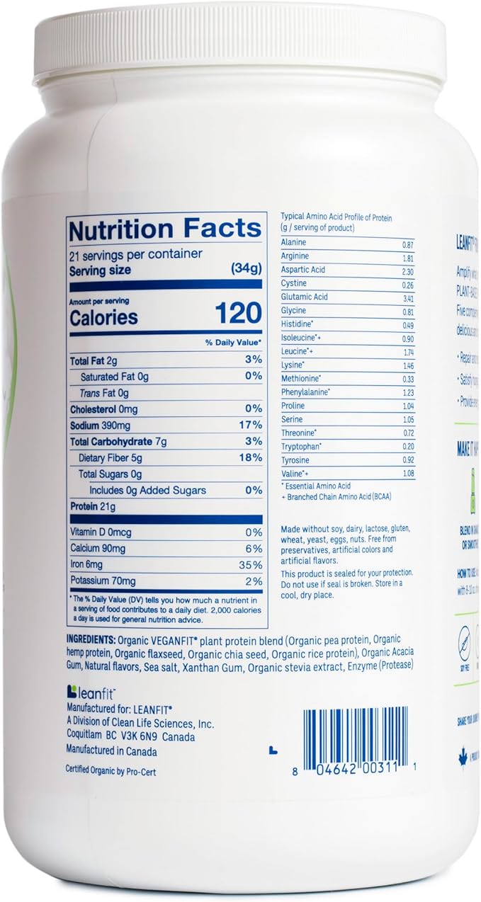 LeanFit Organic Plant-Based Protein Powder Natural Vanilla Flavor - Vegan USDA Organic Certified Soy-Free Gluten-Free Dairy-Free Sugar-Free Non-GMO - 21g Protein 19 Servings 1.58 Pound Tub
