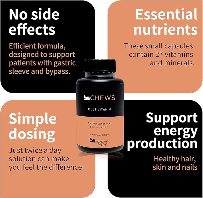 BNHealthy Chewable Bariatric Multivitamin with Iron Vitamin B12 Delicious Orange Flavor – 60 Ct – 30-60 Day Supply.