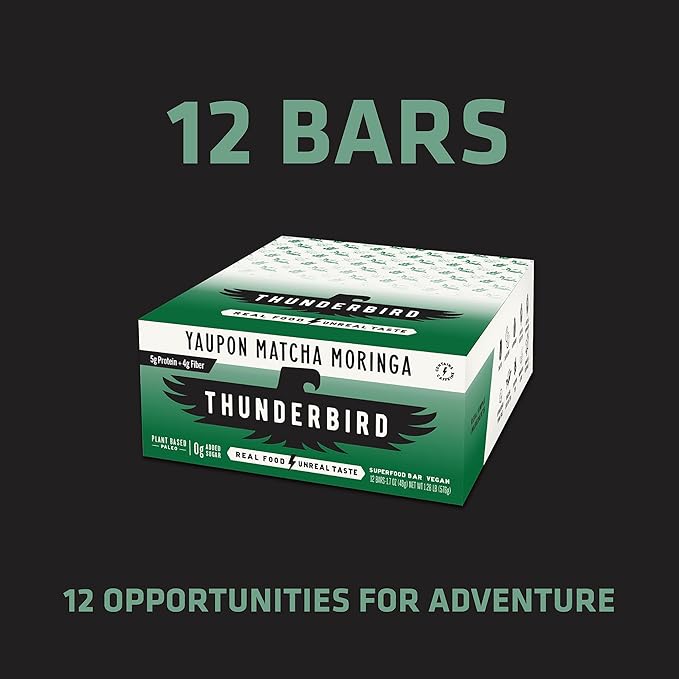 Thunderbird Bars Energy Snack Gluten-Free with Protein Healthy Real Food Vegan Paleo Non-GMO No Added Sugar Yaupon Matcha Moringa Flavor (12 Count 1.7 oz. Bars)