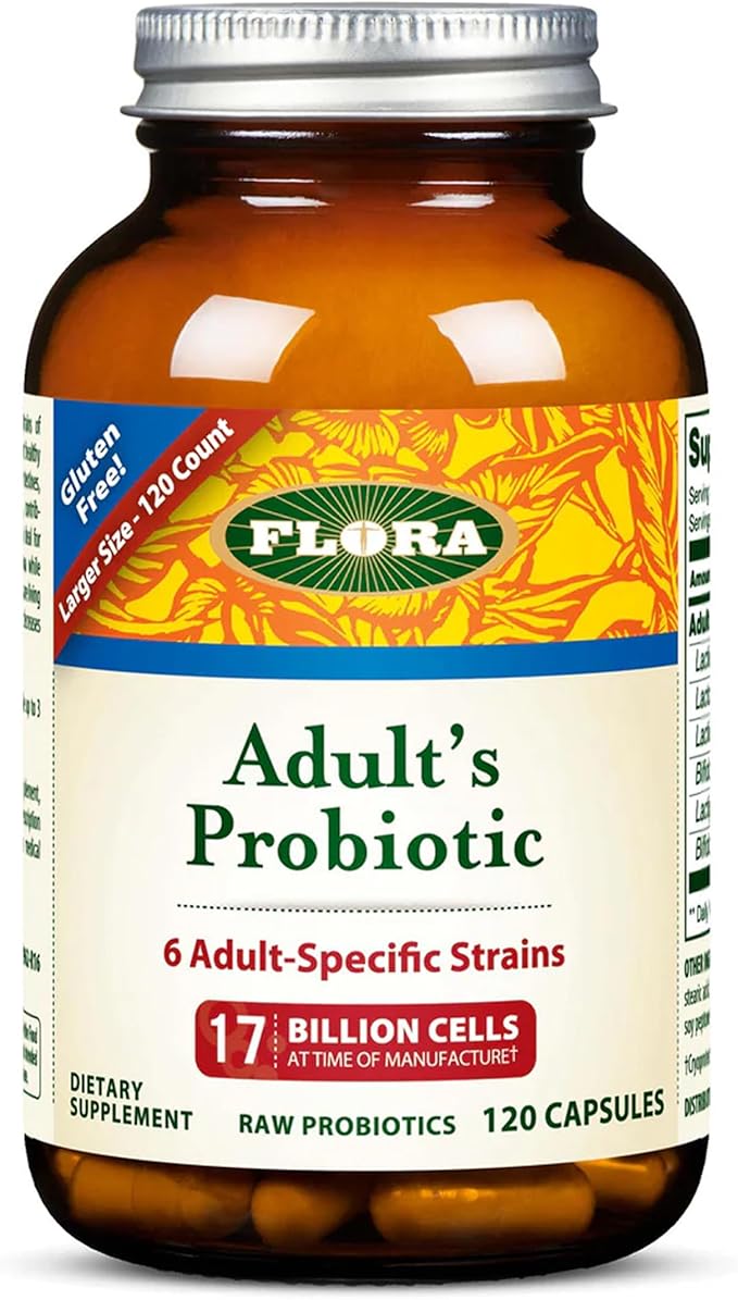 Flora - Adult's Probiotic Blend Six Adult-Specific Strains Gluten Free Raw Probiotic with 17 Billion Cells 120 Vegetarian Capsules
