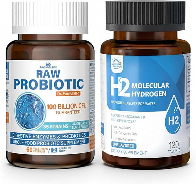 Raw Probiotics for Women &amp Men (100 Billion CFU 35 Strains) + Molecular Hydrogen (H2) Tablets with Magnesium (12 PPM) for Daily Digestive Immune &amp Cellular Support