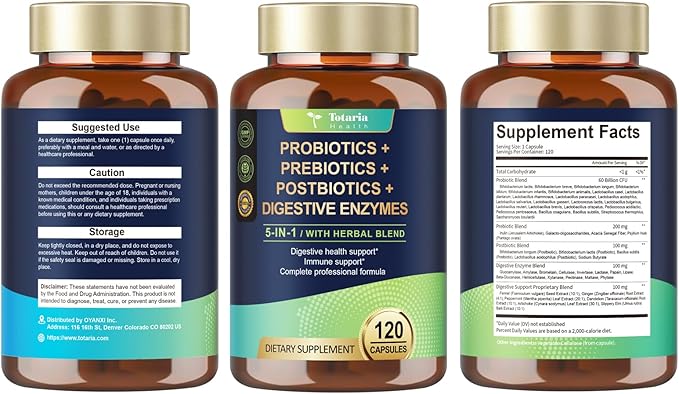Totaria 5-in-1 Probiotic Prebiotic &amp Postbiotic for Women Men 60 Billion CFU 24 Strains w/Digestive Enzymes Prebiotic Fiber Slippery Elm Daily Complete Immune Gut Health 120 Day Supply