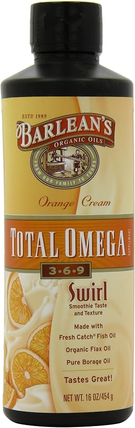Barlean's Total Omega 3 6 9 Liquid Fish Oil Supplement with Borage and Flaxseed Oil Orange Crème 2400 mg of EPA DHA and GLA Fatty Acids 16 oz