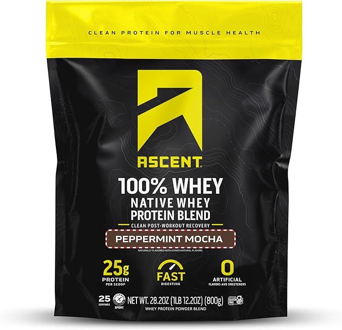 Ascent 100% Whey Protein Powder - Post Workout Whey Protein Isolate Zero Artificial Flavors &amp Sweeteners Gluten Free 5.5g BCAA 2.6g Leucine Peppermint Mocha 1.7 lb
