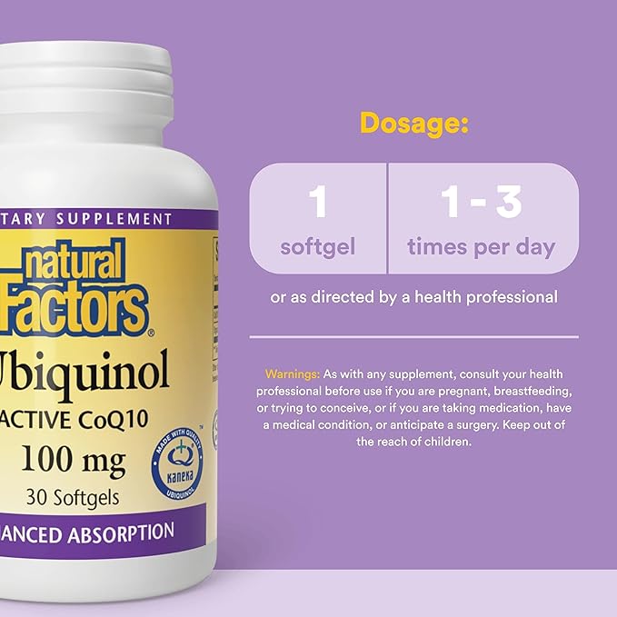 Natural Factors Ubiquinol 100 mg - Supports Heart Health &amp Natural Vitality - Antioxidant Support Supplement with Superior Absorption - Energy Support with Flaxseed Oil - 30 Softgels (30 Servings)