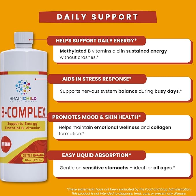 BrainChild B-Complex Liquid - High-Potency Methylated B Vitamins for Energy Stress &amp Mood Non-GMO Vegan Gluten-Free Mango - 16oz