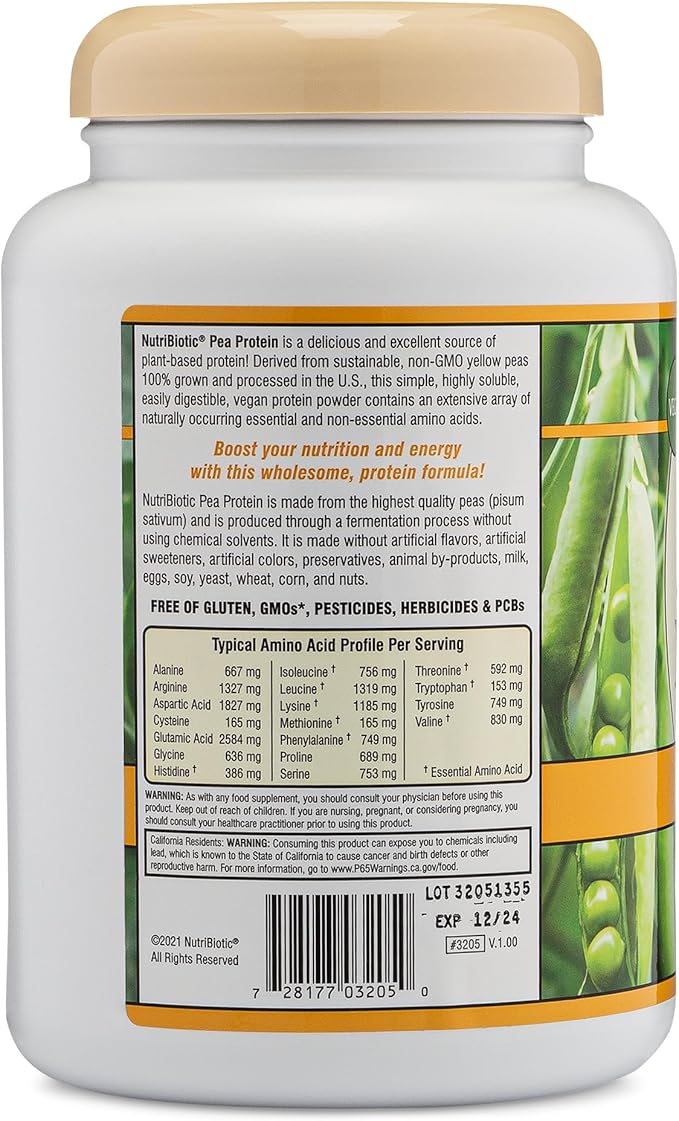 NutriBiotic Pea Protein Vanilla 21 Oz | Low Carb Vegan Plant Protein Powder | 100% Grown &amp Processed in the USA | Deliciously Creamy &amp BCAA-Rich | Made without Chemicals GMOs &amp Gluten | K