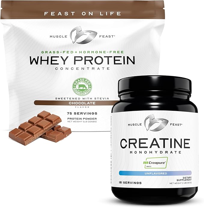 Muscle Feast Bundle – Grass-Fed Whey Protein Concentrate Chocolate 5lb (1 Unit) + Creapure Creatine Monohydrate Powder Unflavored 2lb (1 Unit) All Natural Hormone-Free Pasture Raised