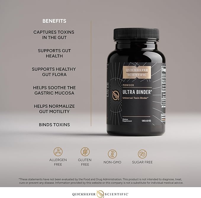 Quicksilver Scientific Ultra Binder Powder - Multi Binder with Bentonite Clay Zeolite Detox &amp Charcoal - Supplement for Gut Support &amp The Body's Toxin Removal Process (120g)