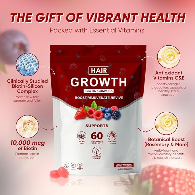 Hair Growth Gummies for Black Women Promote Hair Strength &amp Growth with Biotin for Women &amp Men Delicious Berry Flavor 60 Count