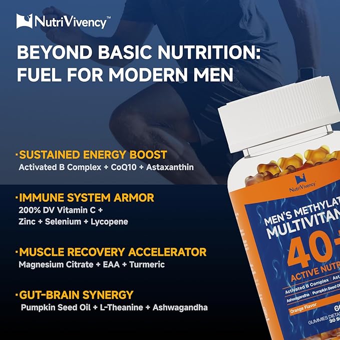 Methylated Multivitamins for Men Gummies Mens Multivitamin Gummies Vitamin A C D3 K2 E B6 B12 B Complex Magnesium CoQ10 Ashwagandha Pumpkin seed oil Astaxanthin Sugar Free Vegan 60 ct