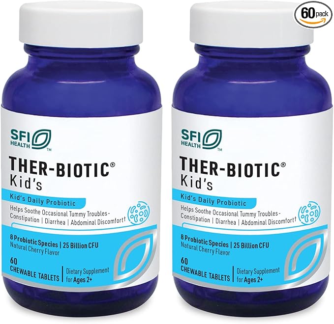Klaire Labs SFI Health Ther-Biotic Kids Chewable Probiotic - GI Health + Immune Support for Kids - Chewable 25b CFU Lactobacillus + Bifidobacterium - Hypoallergenic Dairy-Free (60 Tablets / 2 Pack)