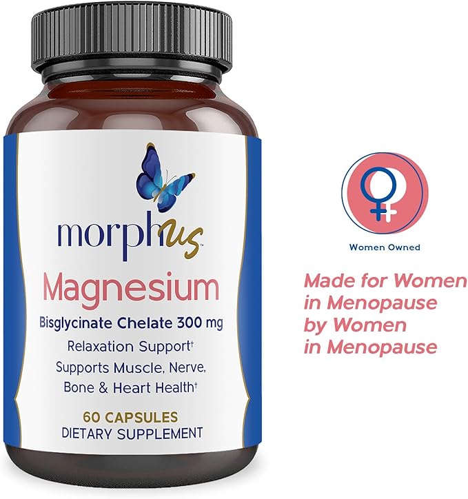 Morphus Magnesium Bisglycinate Chelate 300mg Supplement | 60 Capsules | Helps Women with Perimenopause &amp Menopause Symptoms | Restful Sleep De-Stress Relaxes Muscles &amp Nerves | Fast Absorpti