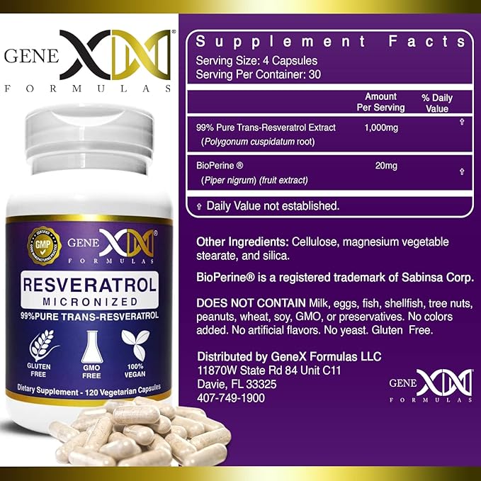 Genex Formulas Trans Resveratrol 1000mg Serving 99% Pure Micronized Pharmaceutical Grade Trans-Resveratrol + Bioperine Extract mad in a GMP &amp NSF Certified Facility (4X 250mg Cpasules 120ct)