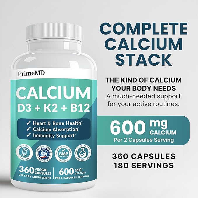 4-in-1 Calcium Supplements for Women and Men - Calcium with Vitamin D3 K2 5000 IU Supplement 601mg per Serving for Heart Bones &amp Body Defenses - Gluten-Free Vegan-Friendly (360 ct) (Pack of 1)