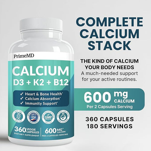 4-in-1 Calcium Supplements for Women and Men - Calcium with Vitamin D3 K2 5000 IU Supplement 601mg per Serving for Heart Bones &amp Body Defenses - Gluten-Free Vegan-Friendly (360 ct) (Pack of 1)