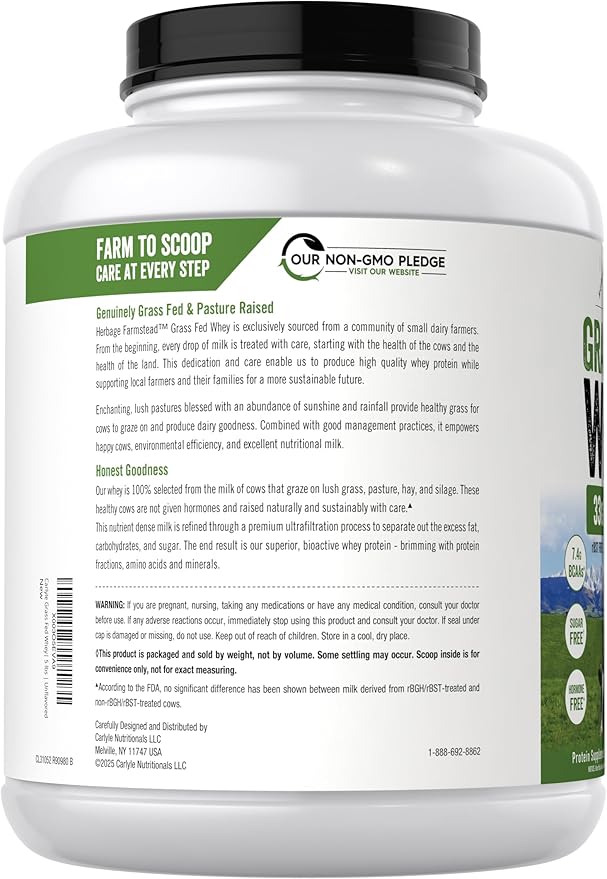 Carlyle Grass Fed Whey Protein Powder | 5lb (80 oz) | 33g of Protein Per Serving | Unflavored | Sugar and Hormone Free | Non-GMO and Gluten Free Supplement | by Herbage Farmstead