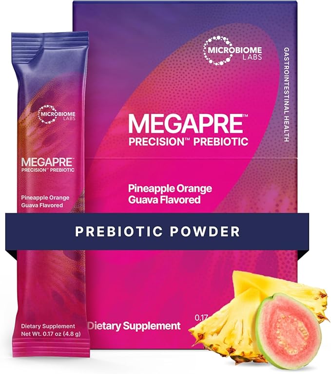 Microbiome Labs MegaPre Prebiotic Fiber Powder for Women Men &amp Kids - Pre-Dosed Prebiotic Fiber Supplement Powder with Clinically Tested Oligosaccharides - Pineapple Orange Guava (30 Drink Packet