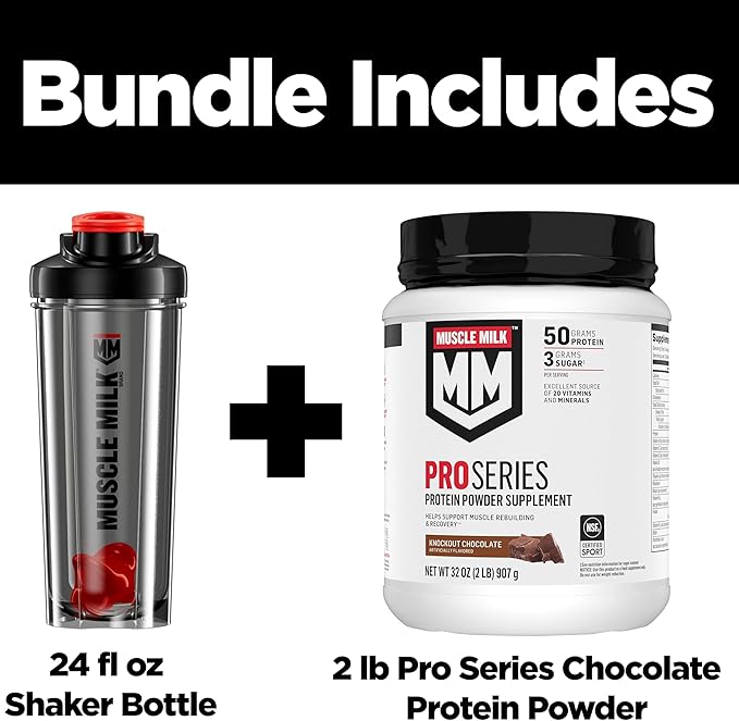 Bundle of Muscle Milk Pro Series Protein Powder SupplementKnockout Chocolate2 Pound11 Servings50g Protein3g Sugar + Muscle Milk Blender Bottle 24 Oz