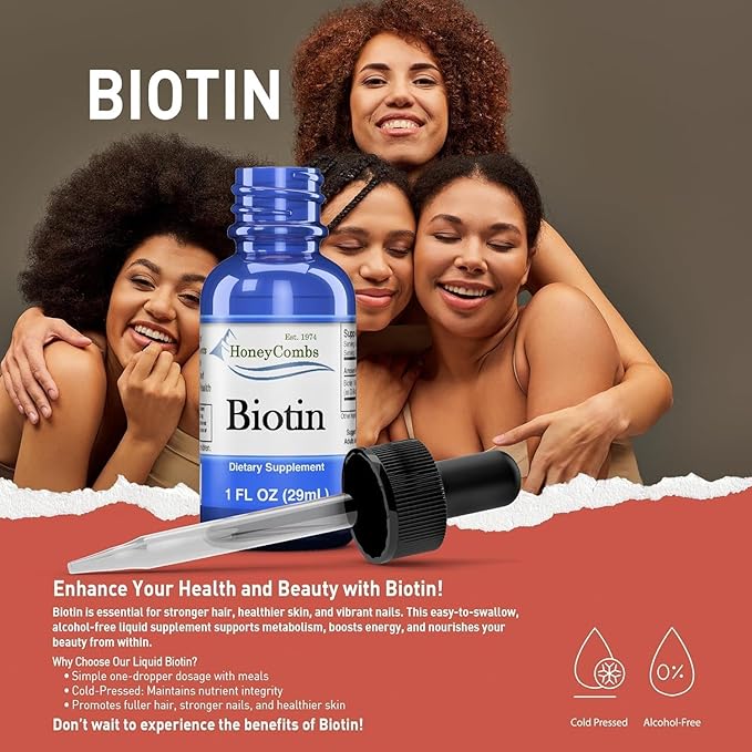 HoneyCombs Liquid Biotin for Hair Growth Drops High Potency Biotin Liquid Vitamin B7 500 Percent DV Vegan Sublingual Biotin Liquid Drops for Adults and Kids 36 Serving Bottle Made in USA