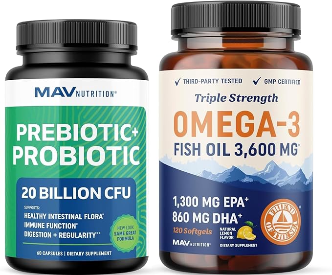 Omega 3 Fish Oil and Probiotic Capsules | Triple Strength EPA &amp DHA with Probiotic Gut Health &amp Immune Support Supplement | Comprehensive Wellness Bundle