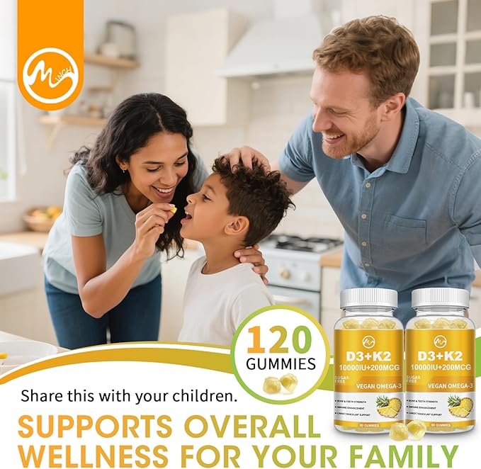 M inch Vitamin D3 K2 Gummies Vitamin D3 10000IU K2 (MK-7) 200mcg 6-in-1 Vitamina D3 con K2 Supplement with Omega-3 for Women and Men - Bones Teeth &amp Immune Support Sugar Free 2 Pack