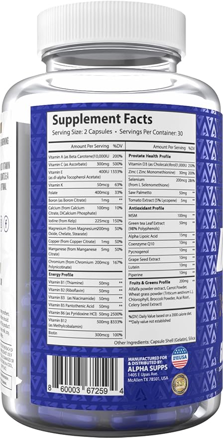 Alpha Supps Vites Men's Multivitamin Complete Daily Supplement with Fruits Veggies Energy Immune &amp Prostate Support - Daily Whole Food Vitamins with Antioxidants and Digestive Enzymes