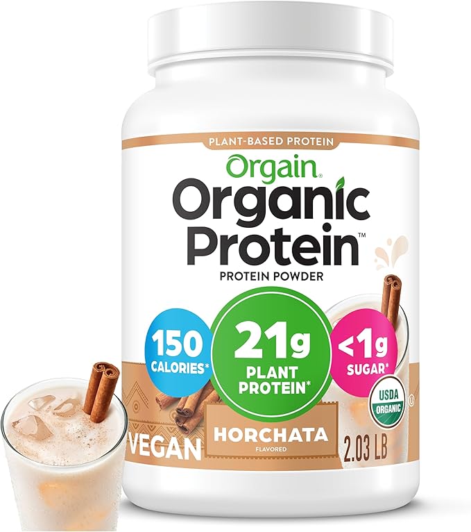 Orgain Organic Vegan Protein Powder Horchata - 21g Plant Based Protein 9g Prebiotic Fiber Low Net Carb No Lactose Ingredients No Added Sugar Non-GMO For Shakes &amp Smoothies 2.03 lb