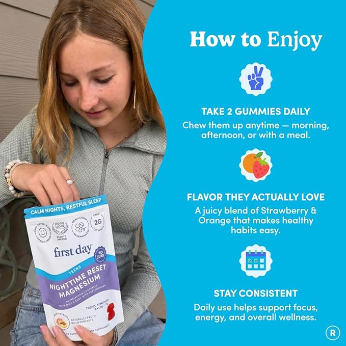 First Day Teens’ Nighttime Reset Calming Magnesium Gummies – Sleep Aid Supports Peaceful Rest Balanced Mood &amp Energy – Supplement with Magnesium Citrate Affron &amp No Melatonin – 60-Day Supply