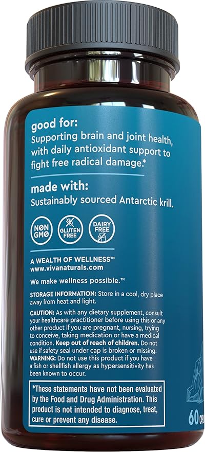 Viva Naturals Antarctic Krill Oil 1250 mg Omega 3 EPA DHA and Astaxanthin Joint Support and Brain Supplement with Antioxidant Properties No Fishy Aftertaste (Pack of 6)