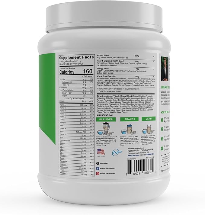 Lean1 Plant Based Protein Powder Meal Replacement Vanilla Flavor Clean Protein 15 Serving