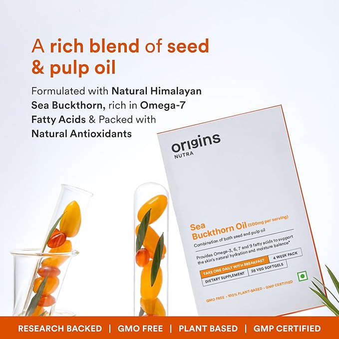 Sea Buckthorn Oil 500 mg | Veg Softgels | Omega 3 6 7 9 from Fruit &amp Seed Extract | Plant-Based | Non-GMO | GMP Certified | 28 softgels
