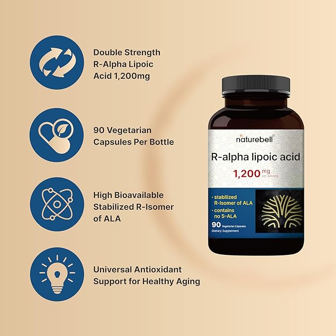 NatureBell R-Alpha Lipoic Acid - 90 Capsules - Delivers 1200mg R-ALA Per Serving - Antioxidant &amp Cellular Energy Support* - Stabilized R-Isomer ALA - Non-GMO &amp Gluten-Free