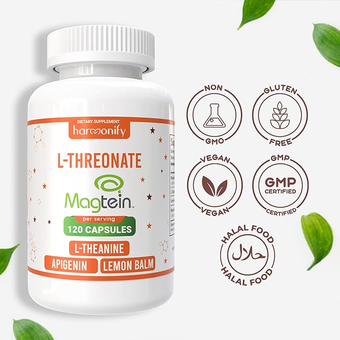 Magtein Magnesium L Threonate Supplement with L Theanine Lemon Balm and Apigenin High Absorption 120 Purified Veggie Capsules 1400 mg Gluten Free Non-GMO Vegetarian