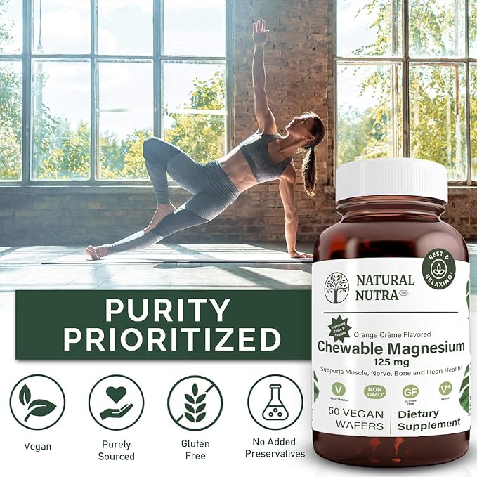 Natural Nutra Chewable Magnesium Supplement with Citrate and Chelate for Kids and Adults Promotes Better Sleep Best Pure Mag Chew for Muscle Nerve Bone and Heart Health 125mg 50 Vegan Wafers