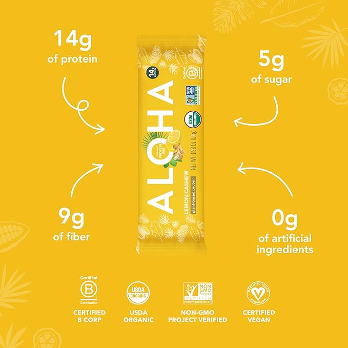 ALOHA Organic Plant Based Protein Bars - Lemon Cashew - 12-Count - Vegan Low Sugar Gluten-Free Paleo Low Carb Non-GMO No Stevia &amp No Erythritol