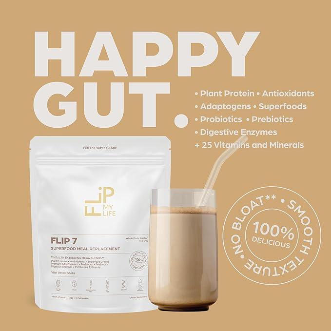 Flip My Life Flip 7 Natural SuperFood Plant-Based Protein Complete Meal Replacement to Support Healthy Gut 7 Mega Nutrient Rich Blends all in one to AGE BETTER - Vanilla