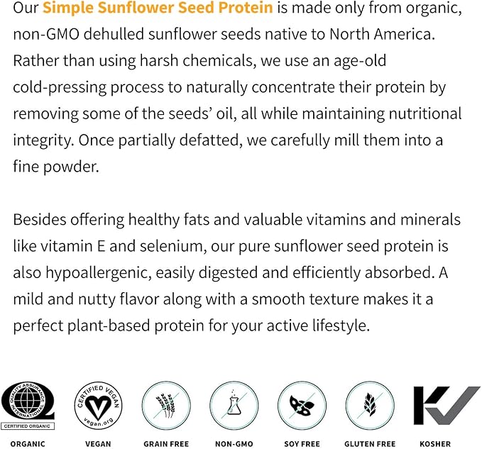 Sprout Living Simple Sunflower Seed Protein Powder 15 Grams Organic Plant Based Protein Powder Without Artificial Sweeteners Non Dairy Non-GMO Vegan Gluten Free Keto Drink Mix (1 Pound)