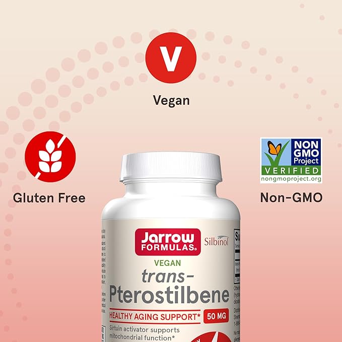 Jarrow Formulas® Pterostilbene 50mg for Antioxidant Support Dietary Supplement Supports Healthy Aging 60 Veggie Capsules 60 Day Supply