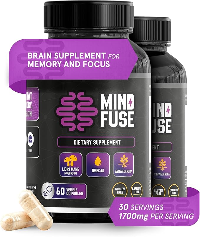 (2 Pack) - Nootropic Memory Booster Supplement for Adults - Lion’s Mane Capsules with Omega-3 Ashwagandha &amp L-Theanine for Focus &amp Memory - Gluten-Free 120 Capsules