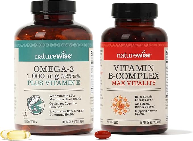 NatureWise 1000mg Omega 3 600mg EPA 400mg DHA with Vitamin E 180ct &amp Vitamin B Complex for Women and Men 150 Softgels[5-Month Supply]