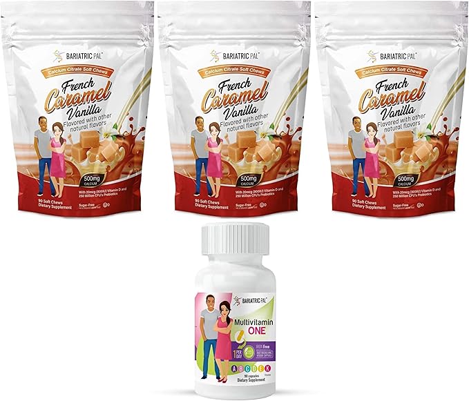 90-Day Bariatric Vitamin Bundle by BariatricPal (Multivitamin ONE 1 per Day! Iron-Free Capsule and Calcium Citrate Soft Chews 500mg with Probiotics - French Caramel Vanilla)